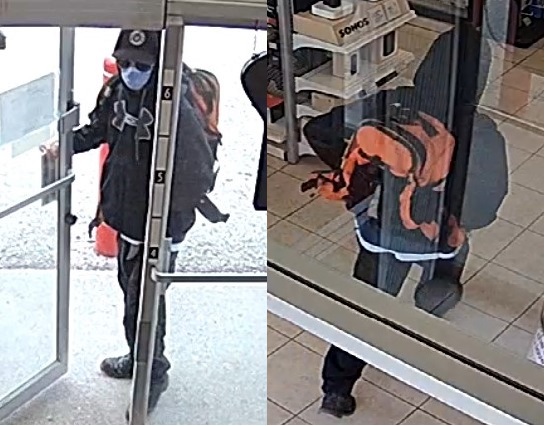 Image of the theft suspect from the front and back, wearing black clothes and a distinctive orange backpack.