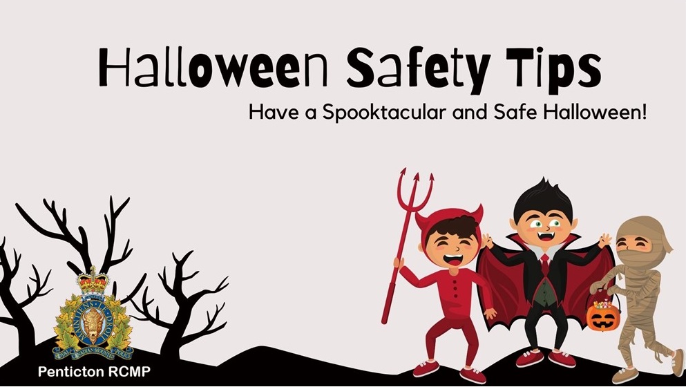 Halloween graphic with monsters in the corner and text that reads: Halloween Safety Tips. Have a spooktacular and safe halloween