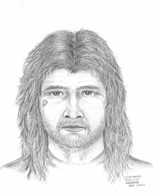 composite sketch of suspect in sexual assault. Black and white drawing of man with long curly hair
