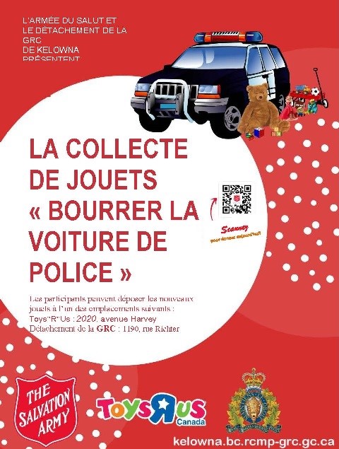 Affiche annonçant la collecte de jouets « Bourrer la voiture de police », sur laquelle figurent le logo de la GRC et celui de l’Armée du Salut.