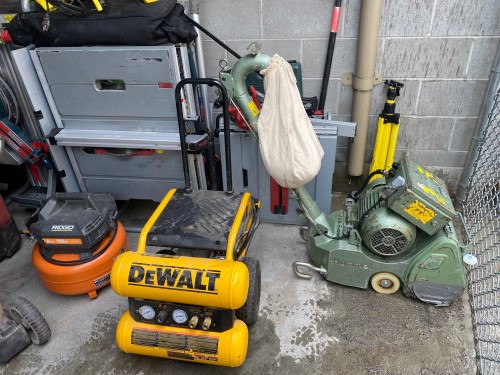 Photo 1 shows the Hummel floor sander, Dewalt compresssor, Rigid Compressor, and two Bosch Table saws