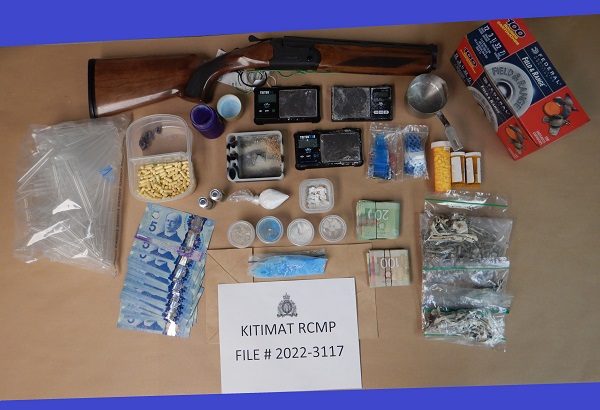 Photo of shotgun, canadian currency, cocaine, pills, scales and other drug paraphernalia