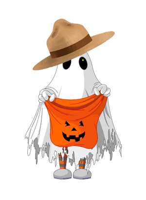 ghost wearing an RCMP Stetson while holding open a bag with a jack-o-lantern on the front