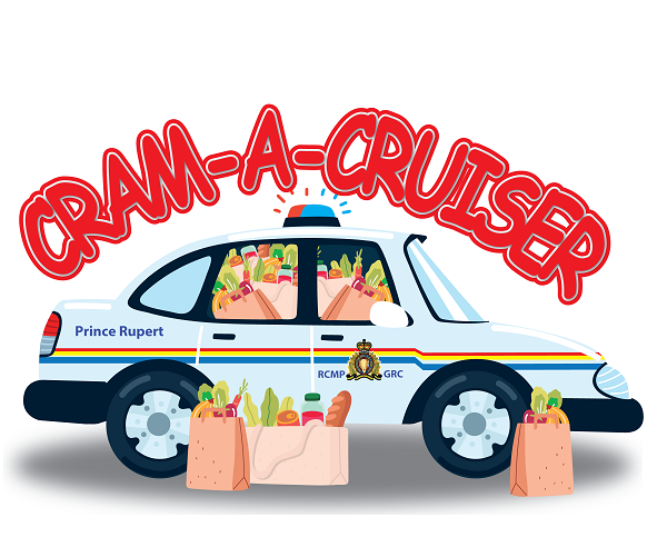 A cartoon police car filled with groceries and "Cram-a-Cruiser" written on top